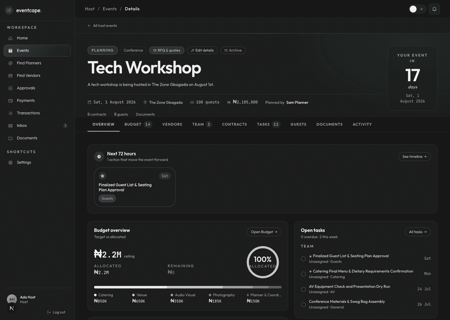 Eventcape host event workspace — budget, tasks, team, and timeline for a single event